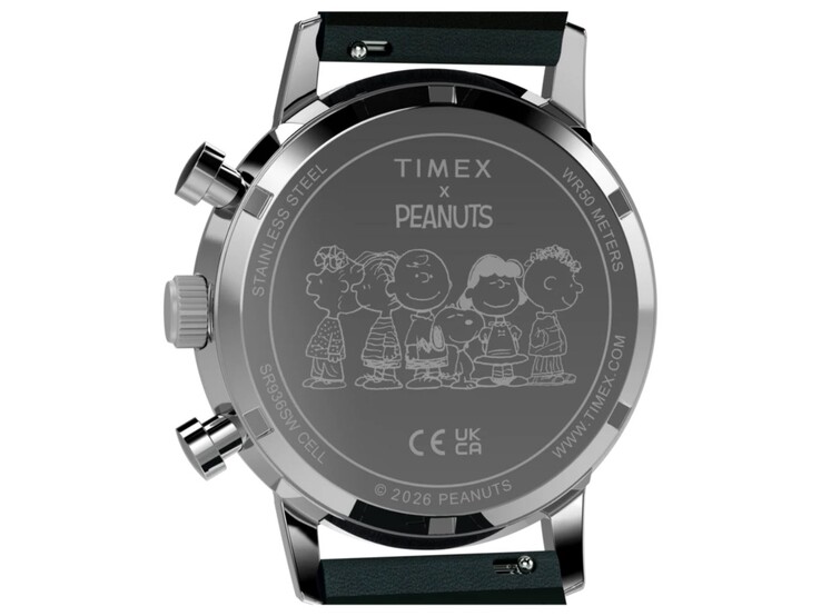 A Timex Peanuts x Marlin Chronograph hátsó nézete, amelyen látható a Peanuts-motívummal gravírozott hátlap