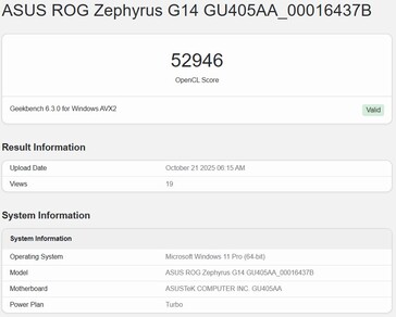 Intel Panther Lake iGPU OpenCL pontszám a Geekbench-en (legjobb pontszám). (Kép forrása: Geekbench)