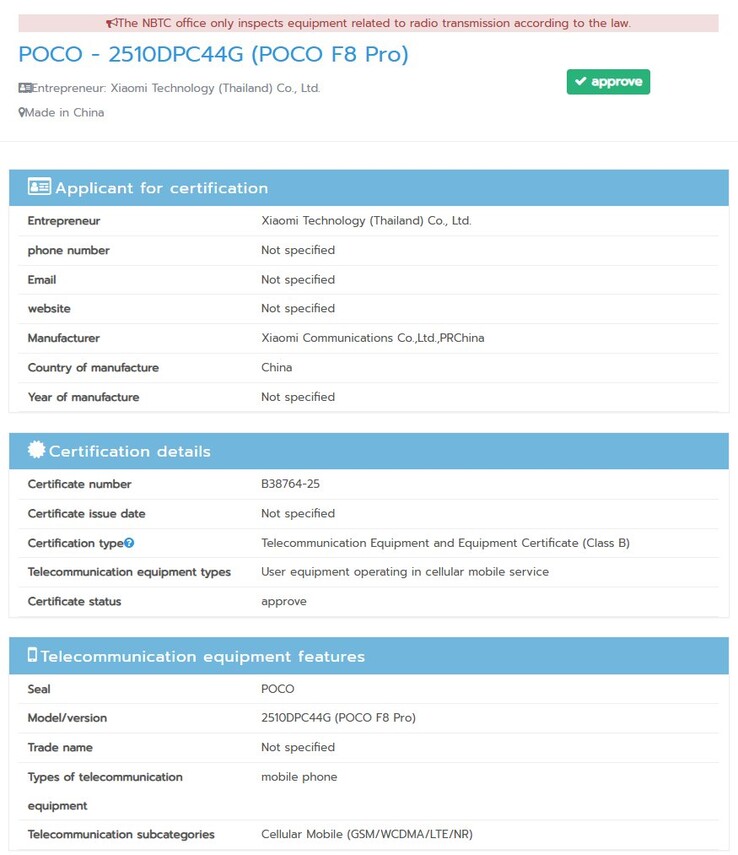 A Poco F8 Pro megkapja az NBTC tanúsítványt Thaiföldön. (Kép forrása: NBTC)