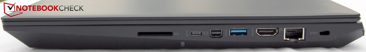 Right: SD Card Reader, USB-C 3.1, miniDP, USB-A 3.0, HDMI, Ethernet, Kensington