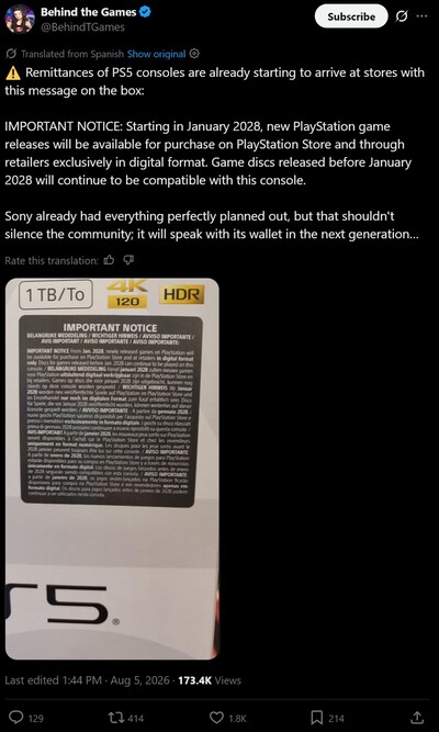 A PS5 konzolon látható figyelmeztető matrica a fizikai játékok korszakának végéről