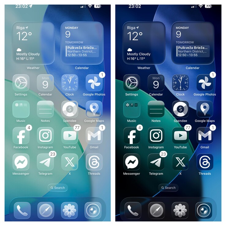 iOS 26 Clear Light vs Clear Dark mód. (Kép forrása: Ben Geskin on X)