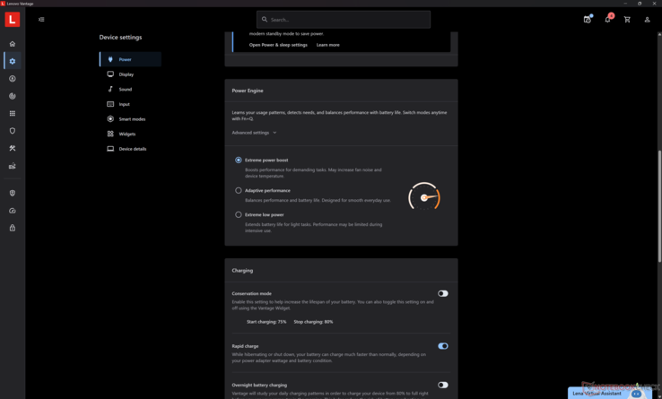 A három Lenovo energiaprofil a Lenovo Vantage rendszeren keresztül érhető el. Ezek a három alapértelmezett Windows energiaellátási profilnak is megfelelnek