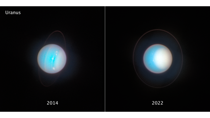 Az Uránuszról a Hubble Űrteleszkóppal nyolc év különbséggel készített egymás melletti felvételek (Kép forrása: NASA, ESA, STScI és mások)