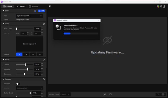 Elgato Camera Hub: Frissítés, Beállítások és előbeállítások balra 