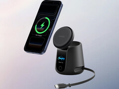 the MagStand Charging Station can power three devices at the same time. Pictured: the charging stand in black.