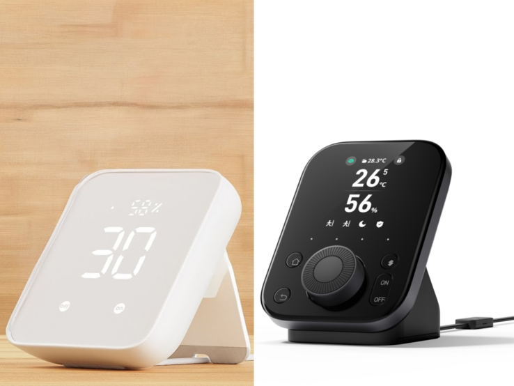 A SwitchBot Hub 3 (a képen jobbra) a 2. generációs SwitchBot Hub (a képen balra) teljesen fekete frissítése, jobb kijelzővel, tárcsával és négy gombbal. (Kép forrása: SwitchBot)