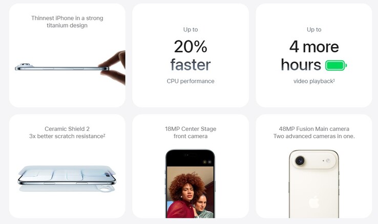 Az új iPhone Air akkumulátor-üzemideje és kamerafunkciók. (Kép forrása: Apple)