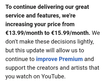 A YouTube Premium egyéni előfizetési díj emeléséről szóló e-mail