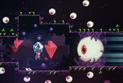 Celeste steam deal screebshot egy karaktert mutat, aki egy óriási szemgolyóval harcol