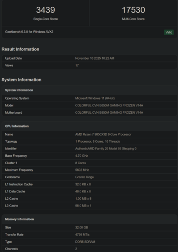 Ryzen 7 9850X3D Geekbench lista 2 (kép forrása: Geekbench)