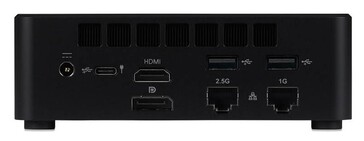 Az iiyama mini PC hátulnézete, amelyen a HDMI-, DisplayPort-, USB-, Ethernet- és tápcsatlakozók láthatók