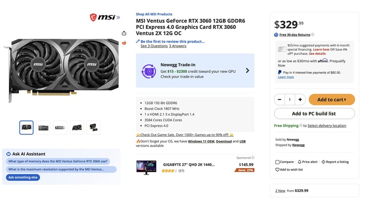 A képen az RTX 3060 új termékbejegyzése látható, pontosabban az MSI Ventus RTX 3060 12 GB memóriával, amelynek ára 329 dollár.