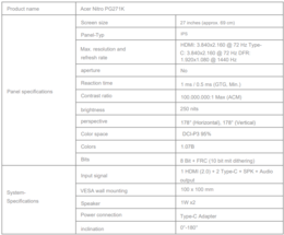 A Nitro PG271K adatai (Kép forrása: Acer - gépi fordítás)