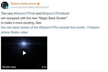 A Xiaomi hivatalosan is bemutatja a 17 Pro dizájnt a Weibón. (Kép forrása: Xiaomi on Weibo)