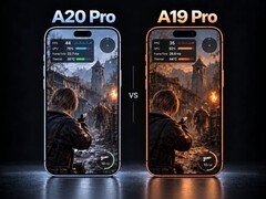 Az A20 Pro és az A19 Pro egymás mellett látható, Resident Evil 4 Remake-játékmenettel és a képernyőn megjelenő teljesítménymutatókkal.