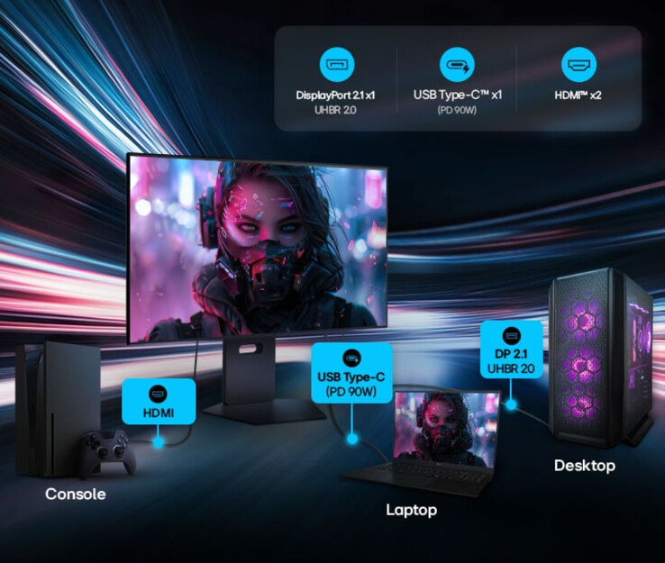 Az UltraGear 32GX870B négy videobemenettel rendelkezik, köztük egy USB Type-C porttal, amely akár 90 W-os teljesítményű eszközök feltöltésére is képes.
