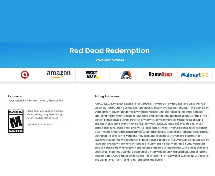 A Red Dead Redemption ESRB besorolási oldala, melyen a Mature 17+ címke, a felsorolt platformok és a részletes tartalmi összefoglaló látható (Kép forrása: ESRB)