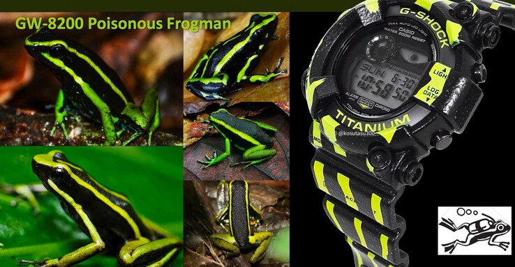 A Casio Frogman GW-8200TPF Poison Dart Frog óra lehetséges kiszivárgott fotója (balra). (Kép forrása: Kosutasu300 via Instagram)
