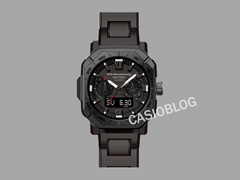 A Casio Pro Trek x White Mountaineering PRW-B1000WM-1 kollaborációs óra, a képen a Casioblog szöveggel szürke háttér előtt. (Kép forrása: Casioblog)