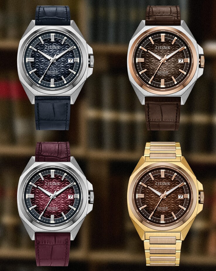 Fentről lefelé: Citizen Series 8 831 limitált kiadású automata karórák, rendre sötétkék, barna, borvörös és égetett narancssárga színben.