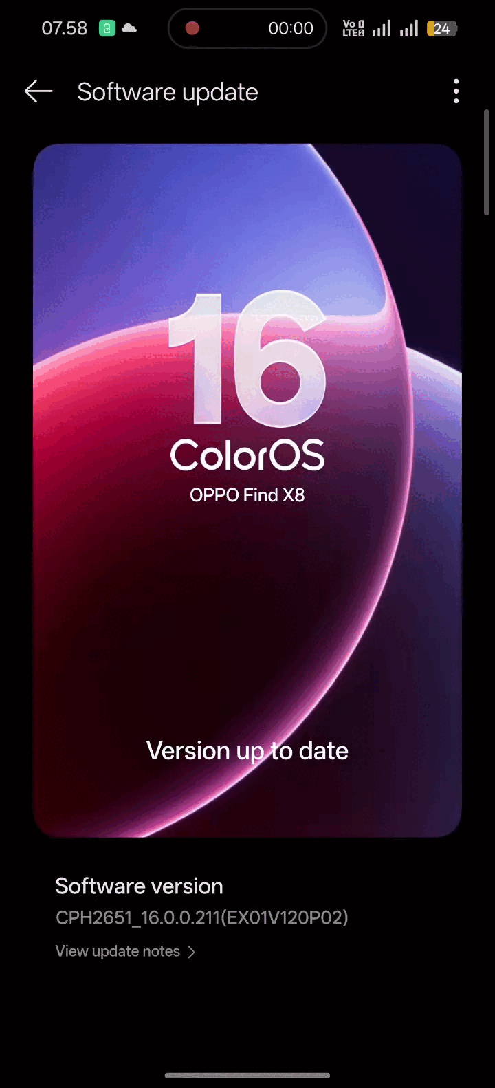 ColorOS 16 OTA az Oppo Find X8-on. (Kép forrása: Egy Oppo közösségi tag által megosztott képernyőkép)