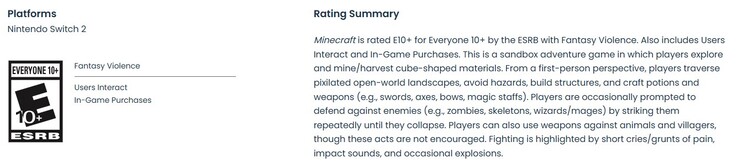 ESRB-besorolás a Minecraft Switch 2 portjához.