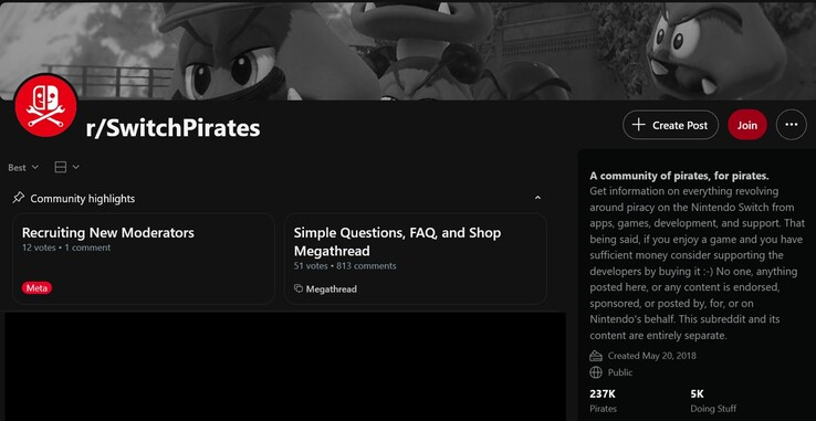 Switch kalózkodás subreddit látható (Kép forrása: screenshot, r/SwitchPirates)