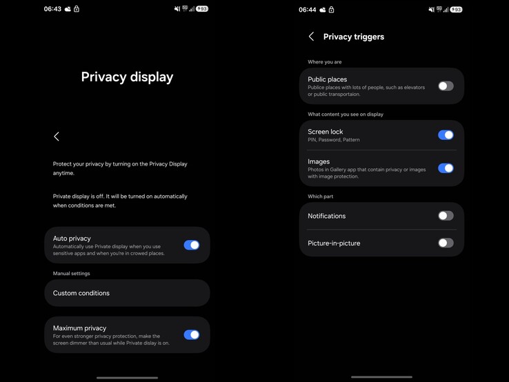 A OneUI 8.5 'Privacy Display' beállítását bemutató képernyőképek. (Kép forrása: Ach on X)