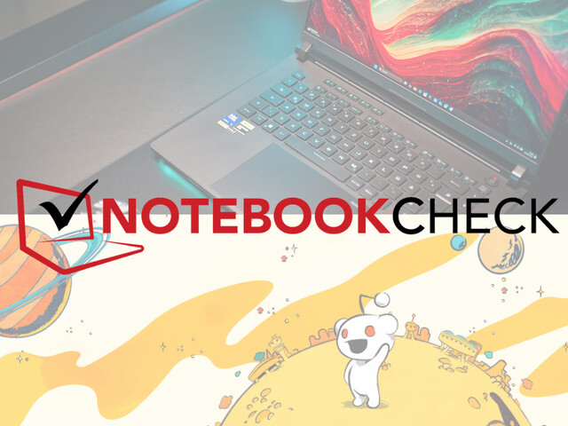 Notebookcheck logó egy laptop felvétel és Reddit grafika felett. (A kép forrása: Notebookcheck és Reddit, w/edits)