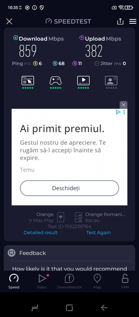 Ookla Speedtest, 1. futtatás (Kép forrása: Pillanatkép - Sergey Tarasov - Notebookcheck)