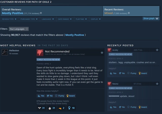 Path of Exile 2 legújabb Steam értékelések (screenshot, Steam)
