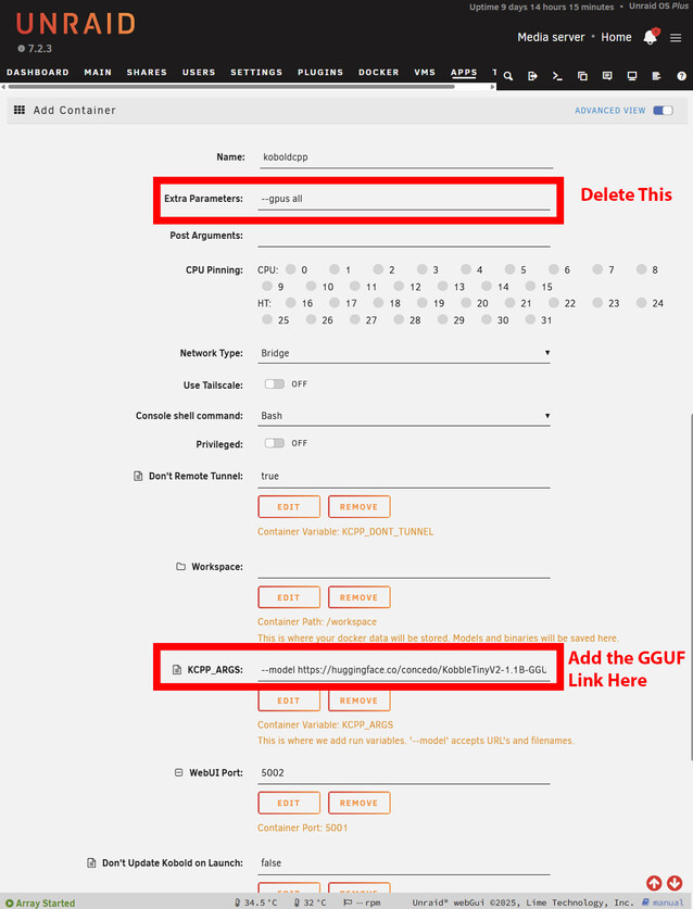 Az Unraid dokkoló sablon mindössze 2 változtatást igényel az induláshoz. Ha GPU nélkül fut, távolítsa el a GPU flaget, és illessze be a Huggingface GGUF fájljának linkjét