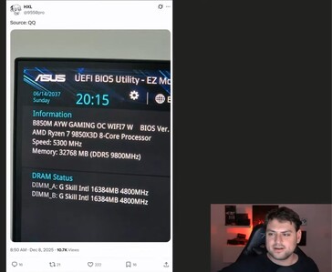 BIOS képernyőkép, amely állítólag egy AMD Ryzen 7 9850X3D rendszert mutat 32 GB DDR5-9800 memóriával, amelyet az X fiók @9550pro osztott meg (Kép forrása: @9550pro / X)