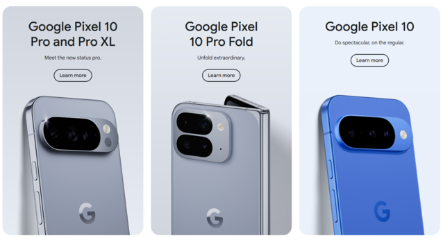 A Pixel 10 termékcsalád. A hajtás kivételével a normál Pixel 10 és a kisebb 10 Pro szinte azonosak mind felépítésben, mind specifikációban, de 200 dolláros árkülönbséget hordoznak (Kép forrása: Google)