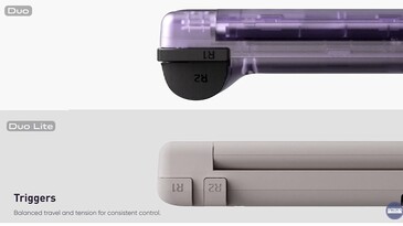 A Retroid Pocket Duo egymás fölé helyezett vállgombokkal rendelkezik, míg a Pocket Duo Lite sorba rendezett gombokkal.