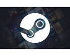 A Steam promóciós képe, középen egy nagy platformlogóval, fakó fekete háttérrel, fókuszon kívül különböző játékcímek borítóival. (Kép forrása: Steam)