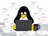 Egy Tux-stílusú pingvin, akit elárasztanak az AI által generált hibajelentések, amelyek elárasztják egy Linux-fejlesztő munkaterületét.