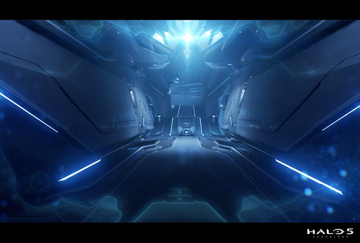 Ez a Halo 5: Guardians folyosójelenet éles szimmetriát, fényes hangsúlyokat és mély perspektívát használ, hogy elegáns futurisztikus hangulatot teremtsen.