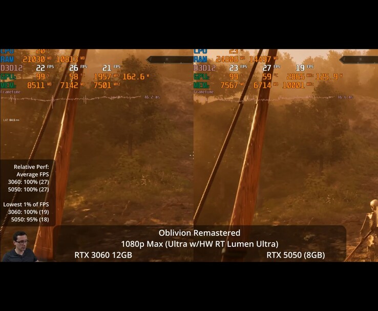 RTX 3060 12GB és RTX 5050, FPS, GPU használat, memória és frametime statisztikák (Kép forrása: Daniel Owen)