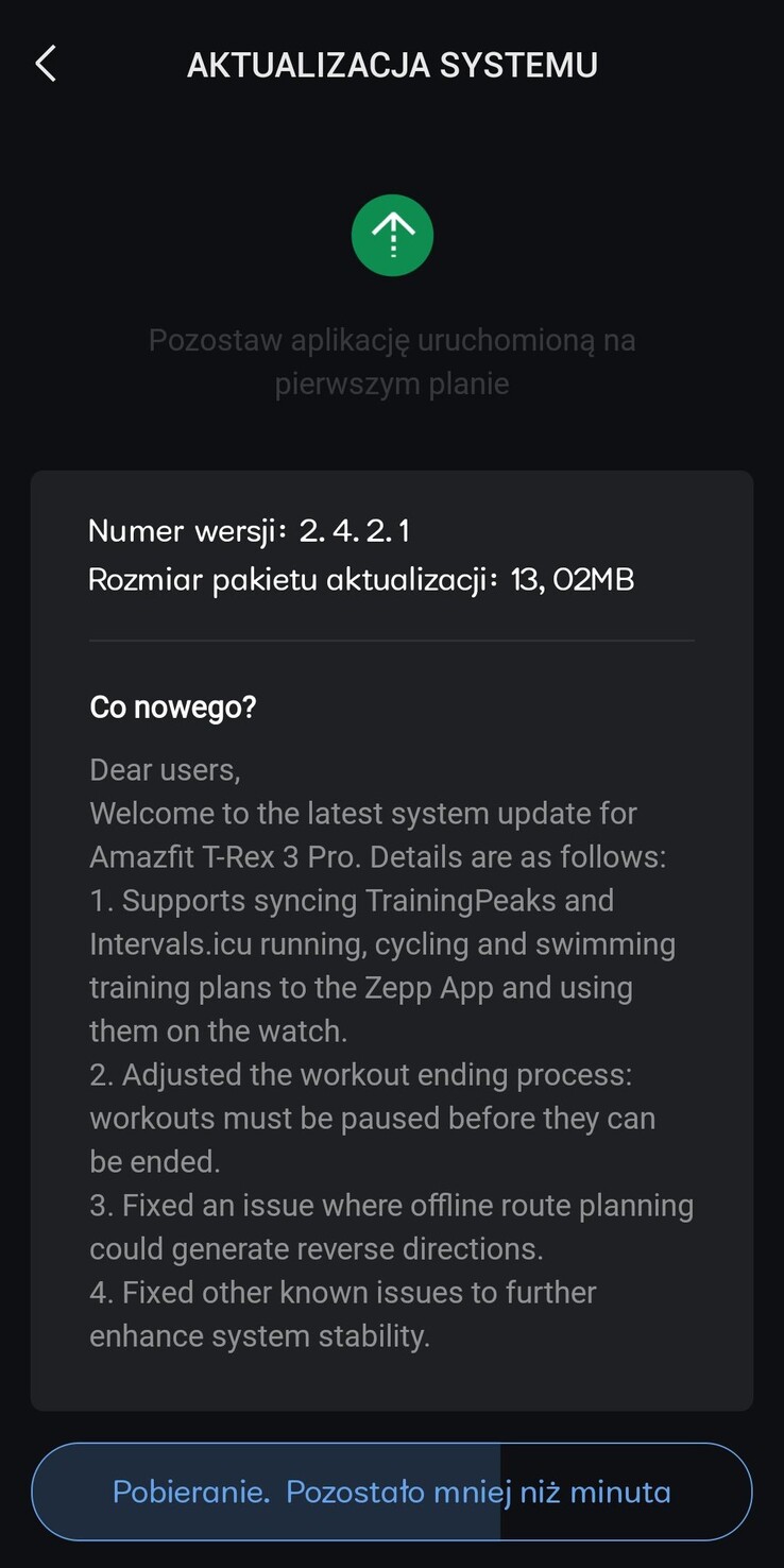 Az Amazfit T-Rex 3 Pro okosóra 2.4.2.1 verziójának kiadási megjegyzései. (Kép forrása: Reddit)