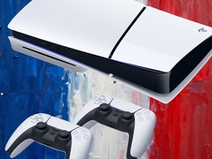 A PS5 konzolok francia zászlós háttérben láthatók