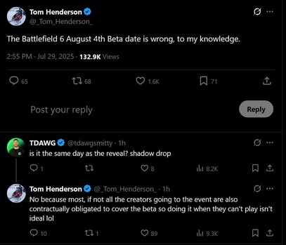 Tom Henderson válasza a Battlefield 6 nyílt béta kezdési időpontjának kiszivárgására (Kép forrása: screenshot, Tom Henderson X account)