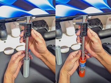 A mélyebb lyuk mérése a 3D nyomtatott ragasztópálca (balra) és az eredeti ragasztópálca (jobbra) között