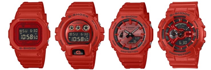 Balról jobbra: a Casio G-Shock DW5600RRB-4, DW6900RRB-4, GA2100RRRB-4A és GA110RRB-4A órák. (Kép forrása: Casio, szerkesztés)