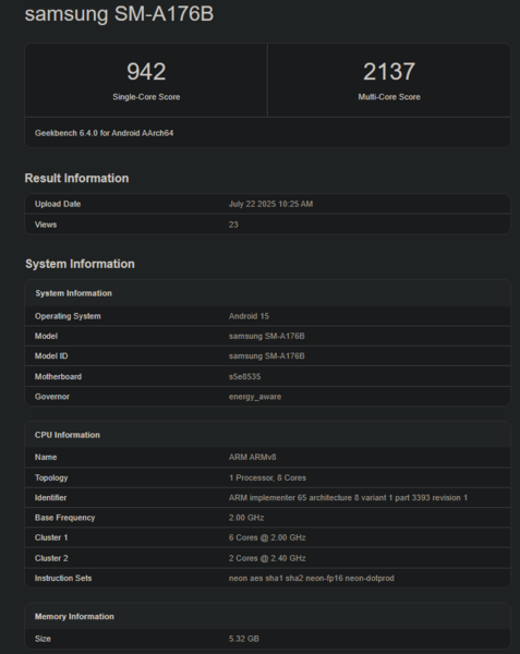 Galaxy A17 Geekbench lista (kép forrása: Geekbench)