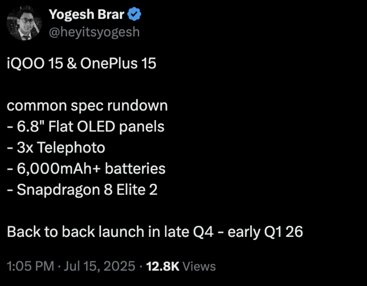 Kiszivárgott részletek a OnePlus 15 és az iQoo 15. (Kép forrása: X)