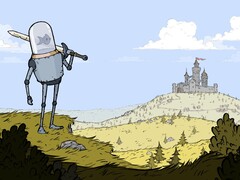 Kép a Feudal Alloy játékból, melyen egy lovag látható akváriumfejjel és egy várral a háttérben. (Kép forrása: Steam)