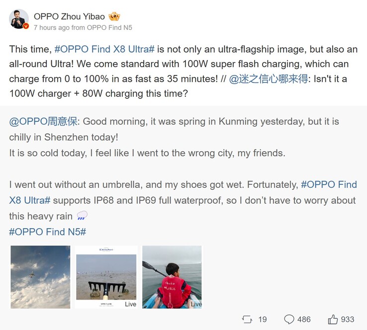 Zhou Yibao posztja a Find X8 Ultra töltési sebességéről (Kép forrása: Weibo - gépi fordítás)
