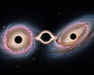 Egy szemléltető kép a két galaxisról, amelyek 3 fekete lyukon osztoznak (Kép forrása: mesterséges intelligencia által generált kép; szerkesztve)